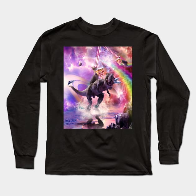 Rainbow Laser Space Cat On Dinosaur Eating Pizza Long Sleeve T-Shirt by Random Galaxy